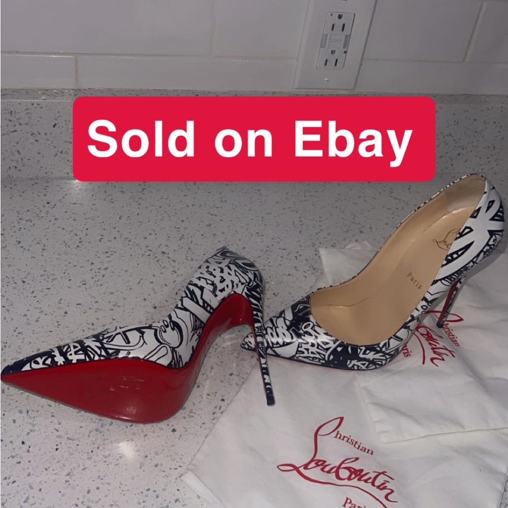 Christian Louboutin Black & White Graffiti Pointed Toe Pumps with Red Sole